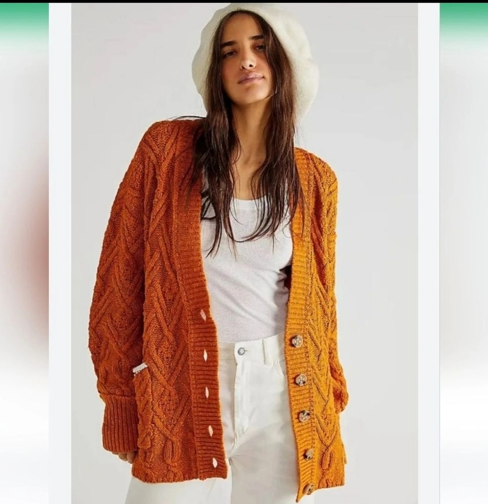 Free People Women's Chunky Montana Cable Cardigan in Pumpkin Pie Size XS